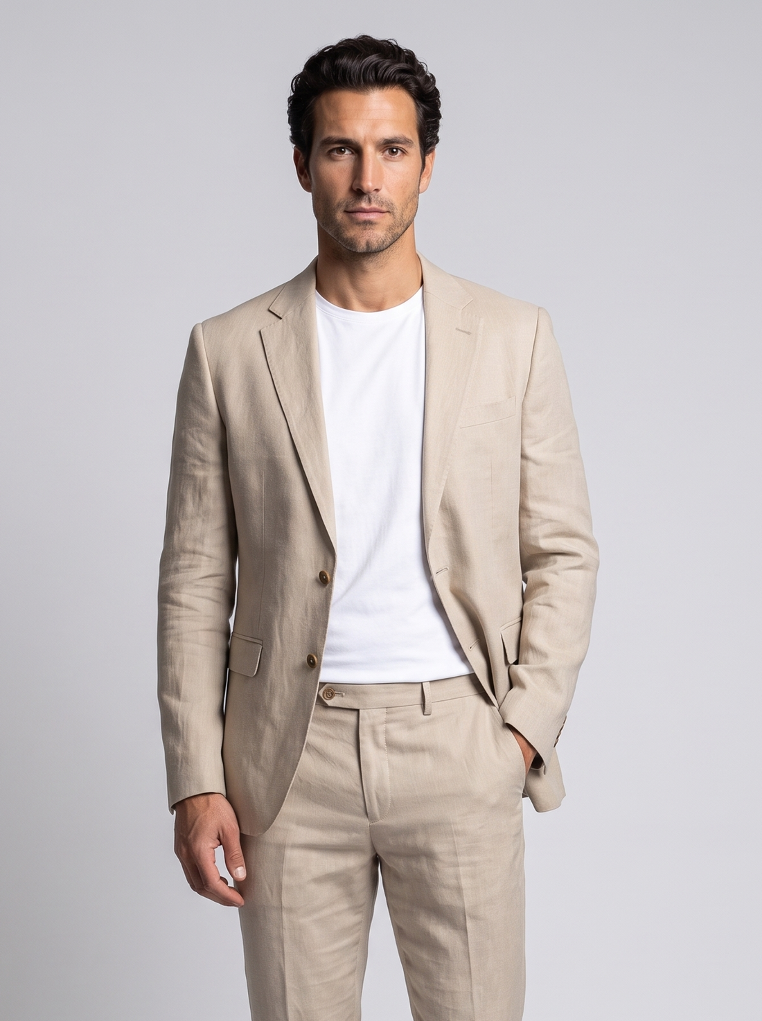 Men's Slim Fit Linen Look Two Piece Suit in Apricot – front view