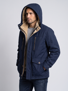 Men's Fleece Lined Hooded Winter Jacket in Blue – three-quarter view