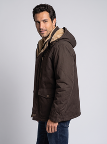Men's Fleece Lined Hooded Winter Jacket in Dark Brown – front view