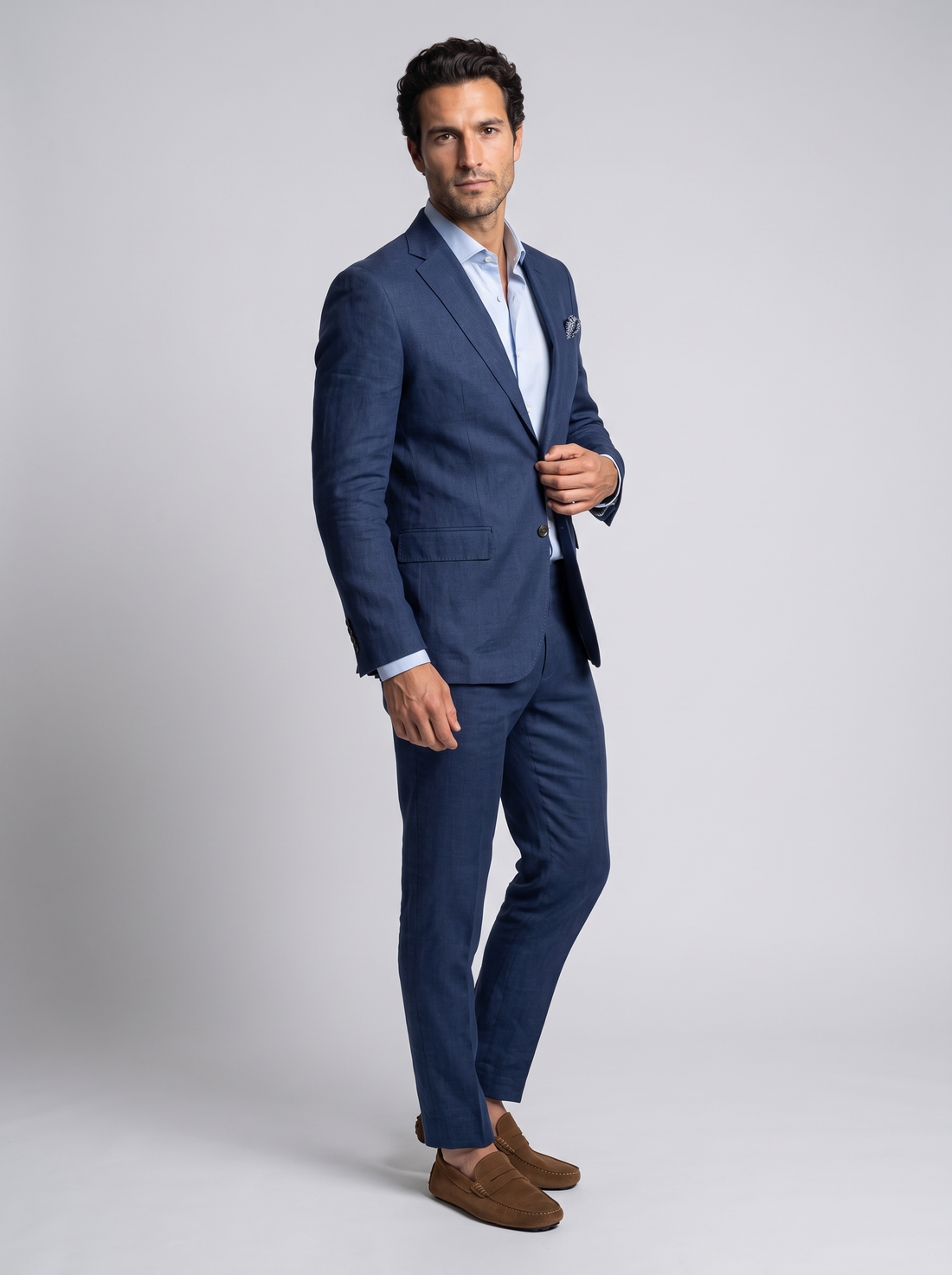 Men's Slim Fit Linen Look Two Piece Suit in Dark Blue – front view