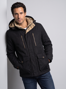 Men's Fleece Lined Hooded Winter Jacket in Black – front view