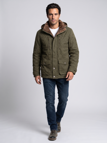 Men's Fleece Lined Hooded Winter Jacket in Green – front view