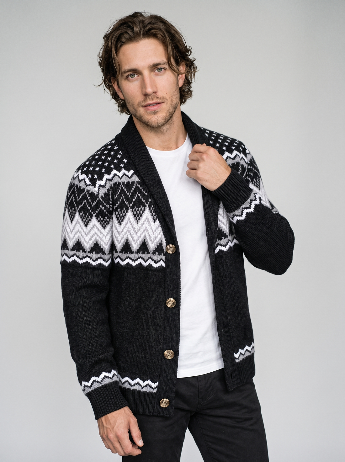 Men's Shawl Collar Cardigan - Black - Front