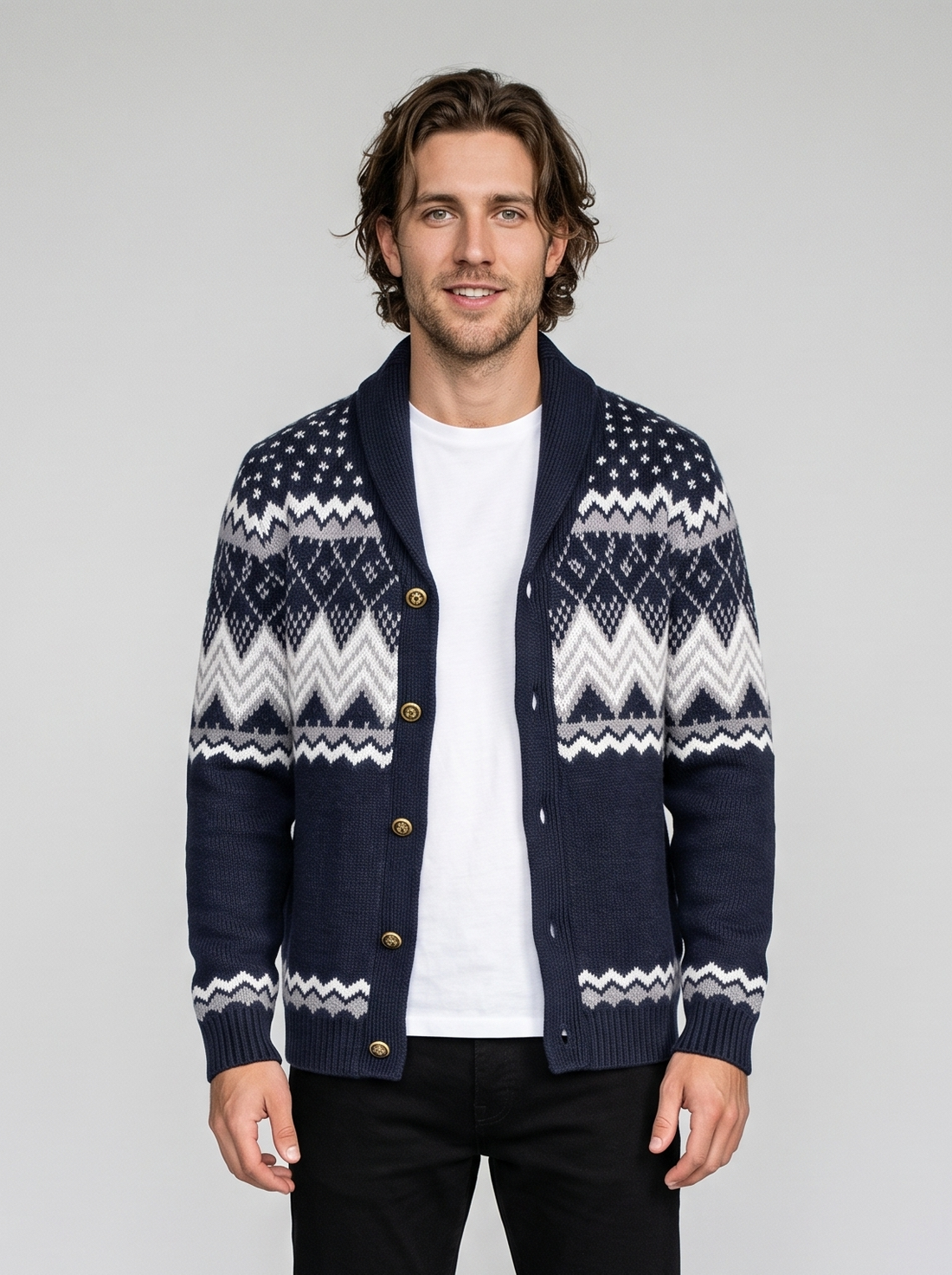 Men's Shawl Collar Cardigan - Navy Blue - Front