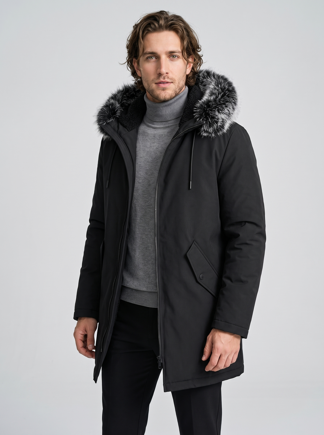 Men's Fleece Lined Parka - Black - Front