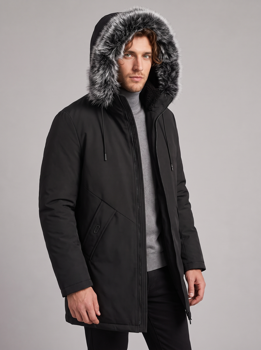 Men's Fleece Lined Parka - Black - Front