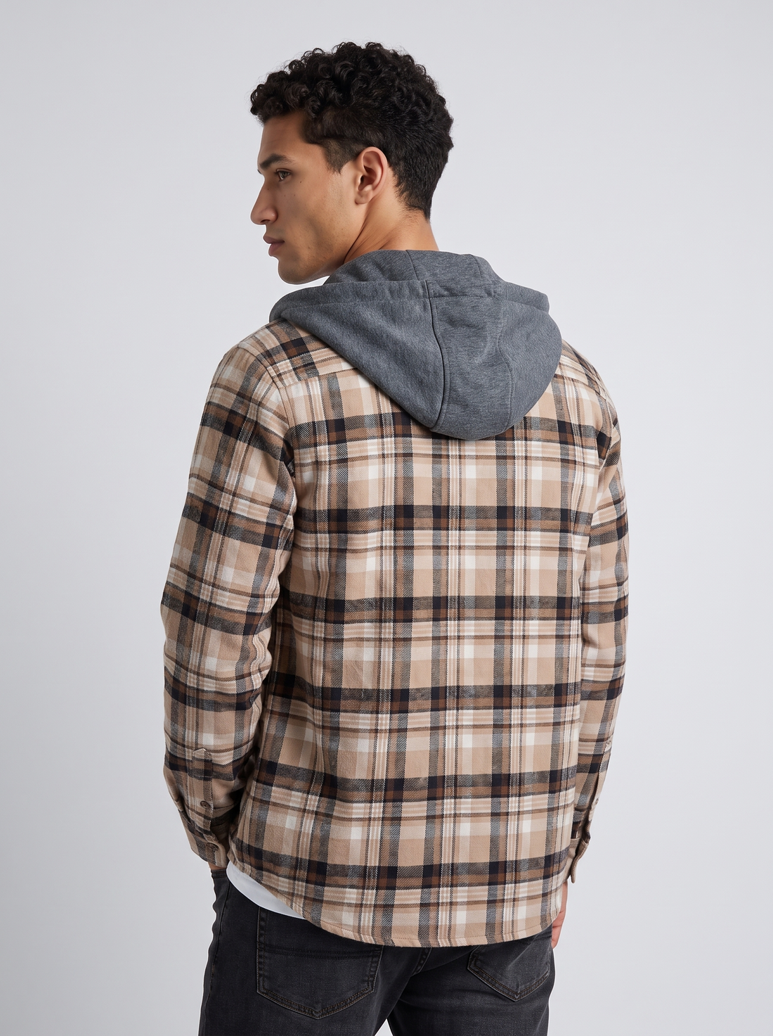 Men's Hooded Flannel Overshirt - Plaid - Back
