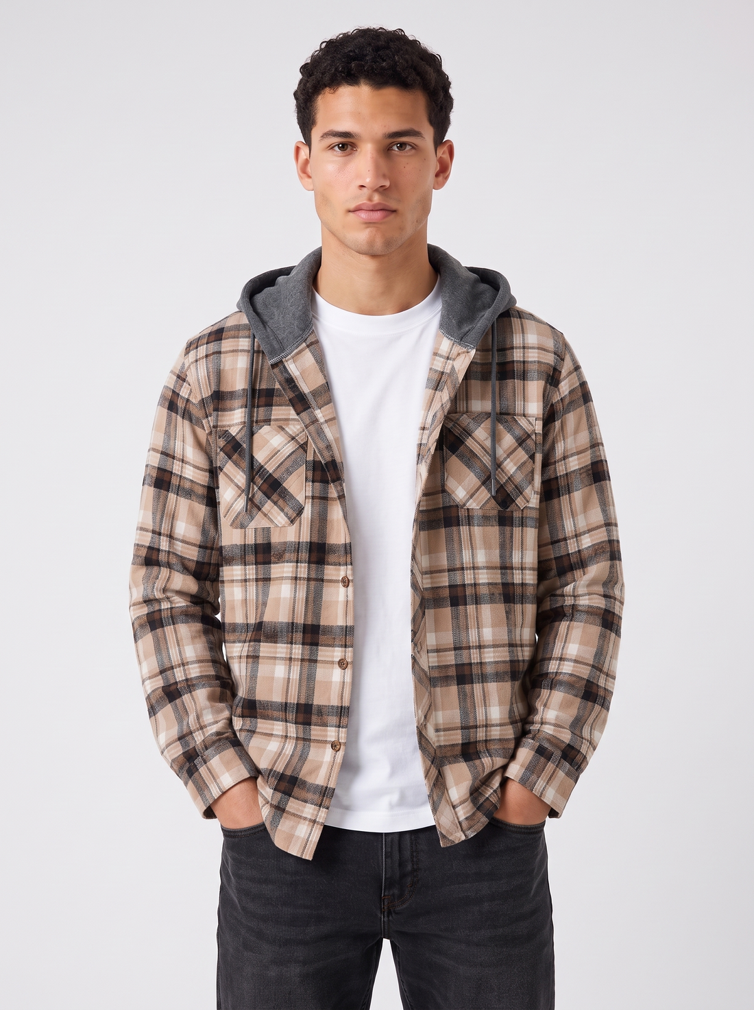 Men's Hooded Flannel Overshirt - Plaid - Front