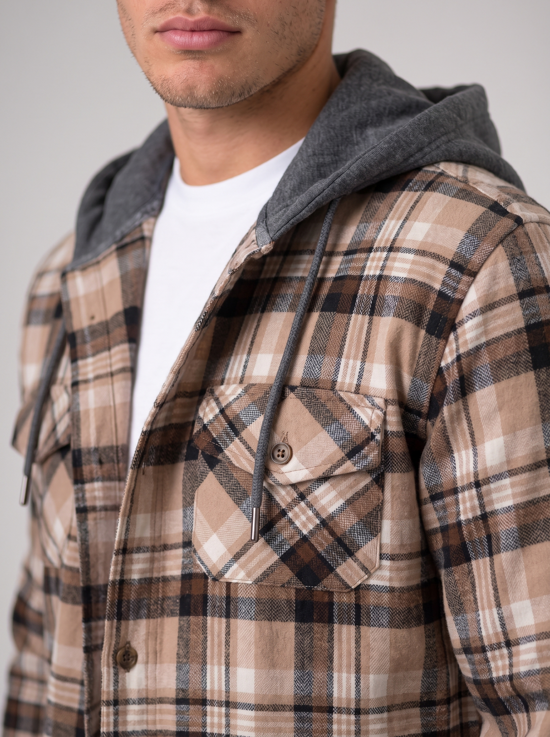 Men's Hooded Flannel Overshirt - Plaid - Close-up