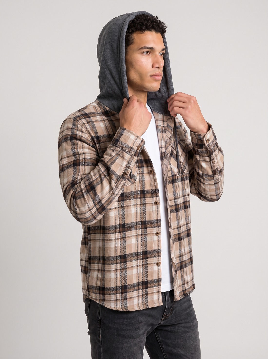 Men's Hooded Flannel Overshirt - Plaid - Front