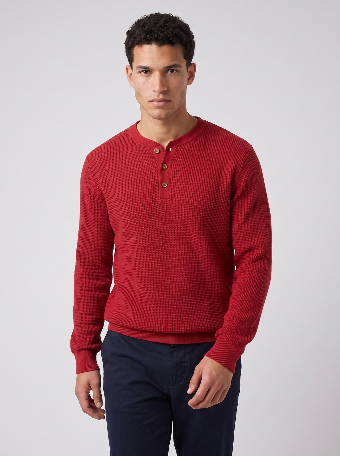 Men's Waffle Knit Henley - Red - Front
