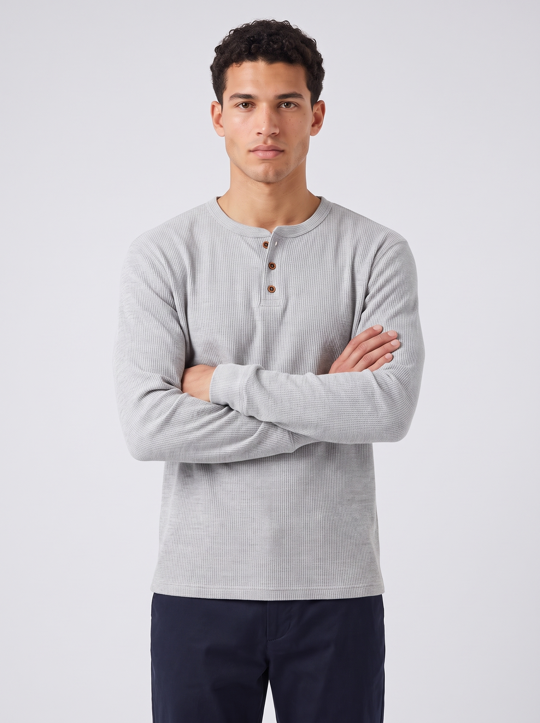 Men's Waffle Knit Henley - Light Gray - Three-Quarter