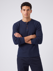 Men's Waffle Knit Henley - Navy Blue - Front
