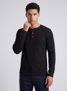 Men's Waffle Knit Henley - Black - Front