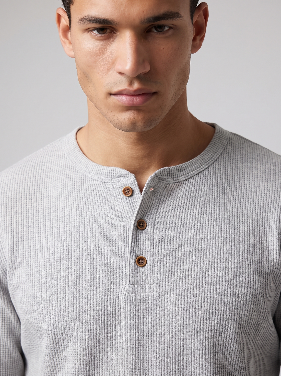 Men's Waffle Knit Henley - Light Gray - Close-up
