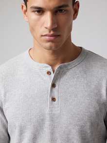 Men's Waffle Knit Henley - Light Gray - Close-up