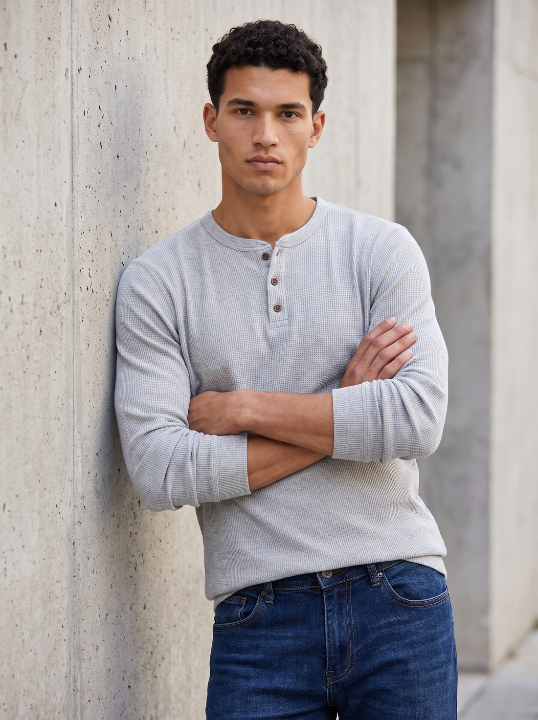 Men's Waffle Knit Henley - Light Gray - Lifestyle