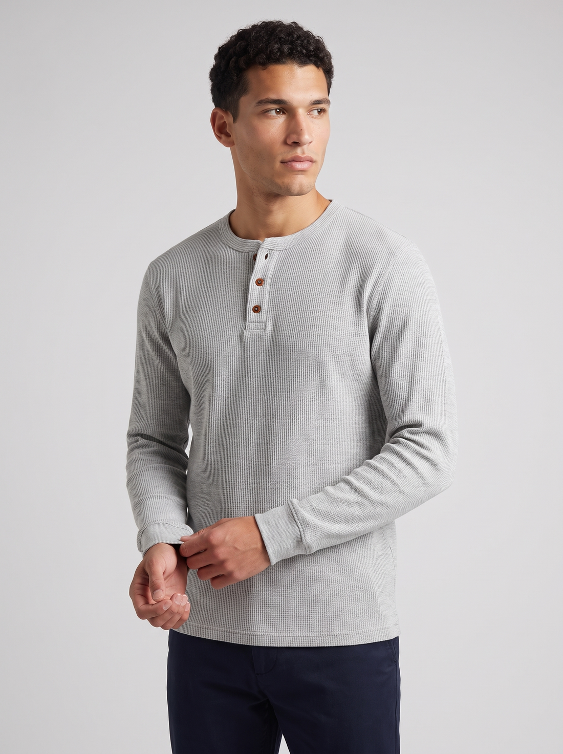 Men's Waffle Knit Henley - Light Gray - Three-Quarter