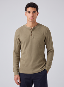 Men's Waffle Knit Henley - Khaki - Front