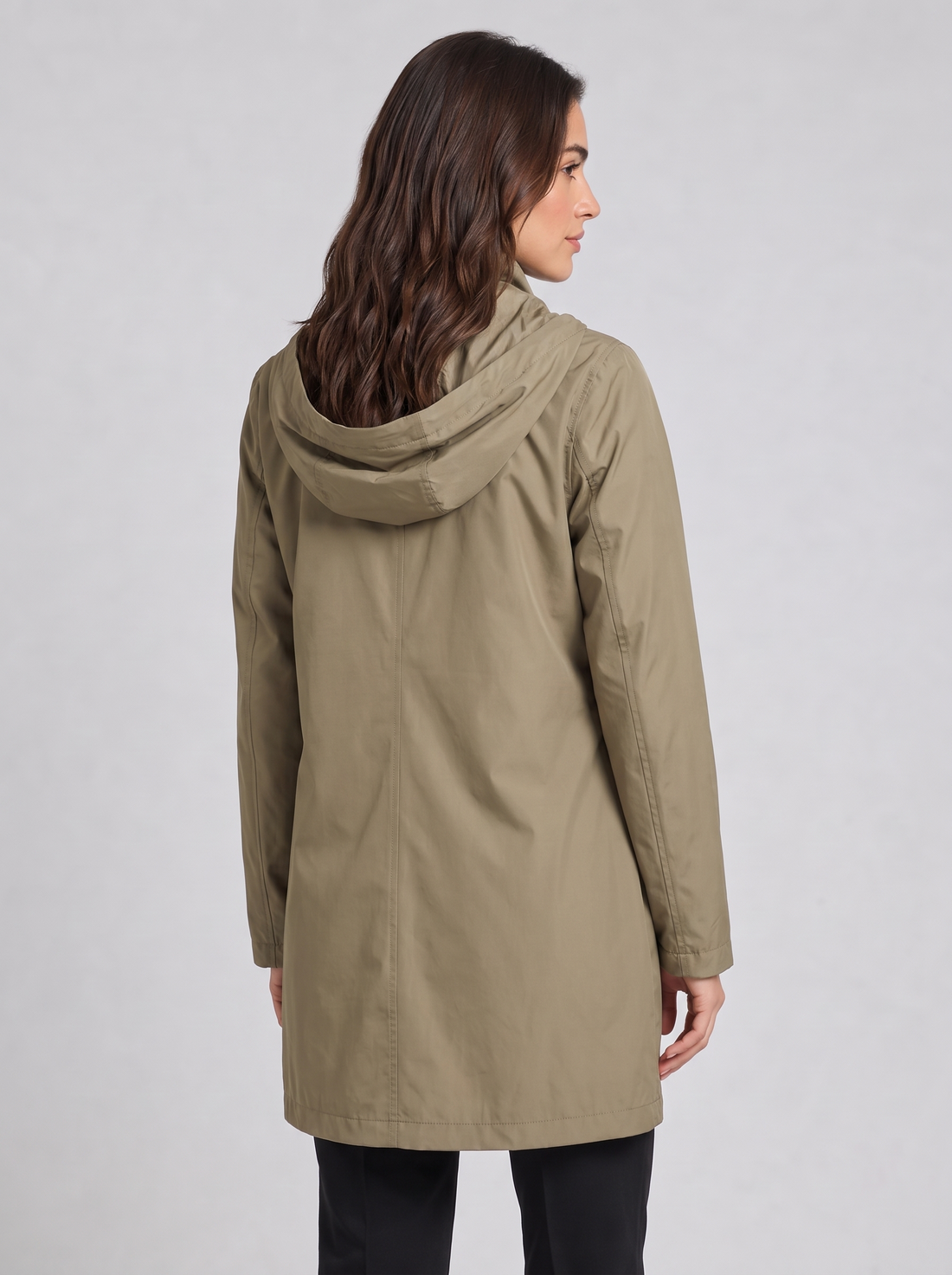 Khaki hooded longline rain coat, back view
