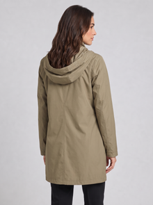 Khaki hooded longline rain coat, back view