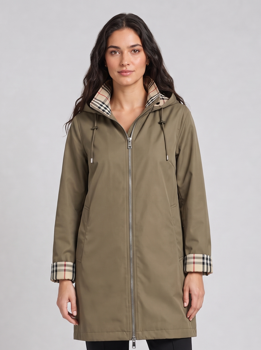 Khaki hooded longline rain coat, front view