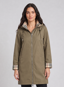 Khaki hooded longline rain coat, front view