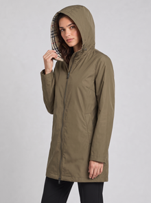 Khaki hooded longline rain coat, hood up three-quarter view