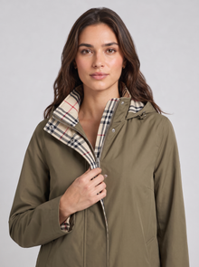 Khaki hooded longline rain coat, collar and lining close-up