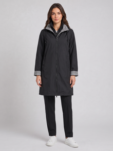 Black hooded longline rain coat, front view