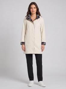 Cream hooded longline rain coat, front view