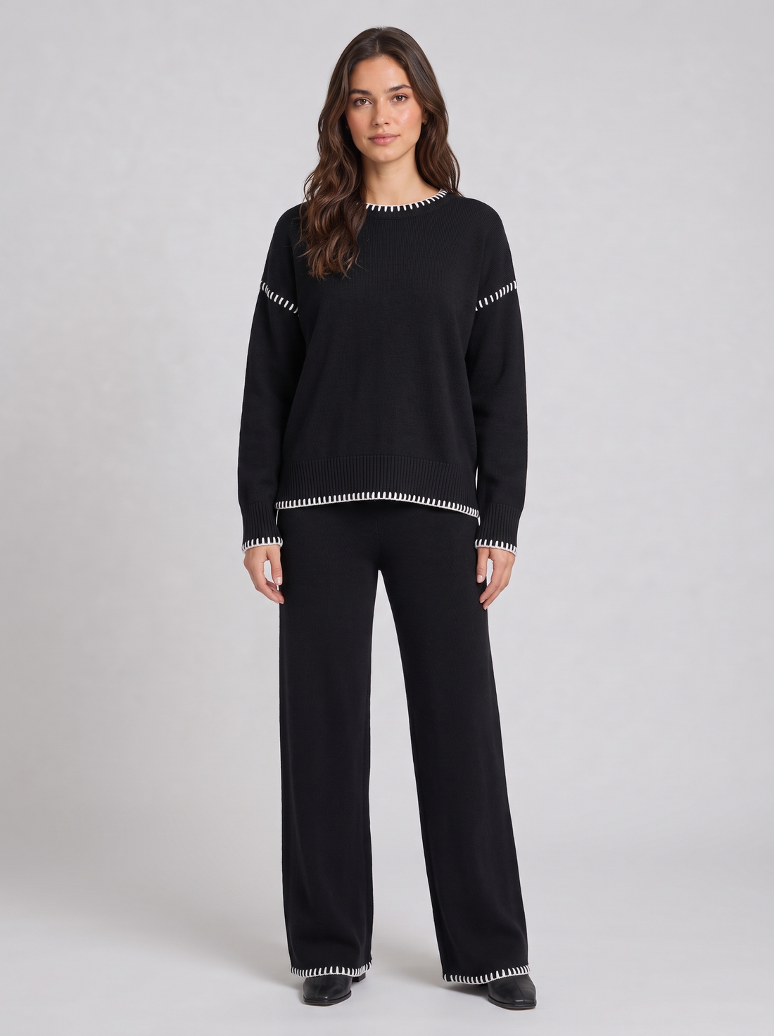 Black knitted co-ord set, front view
