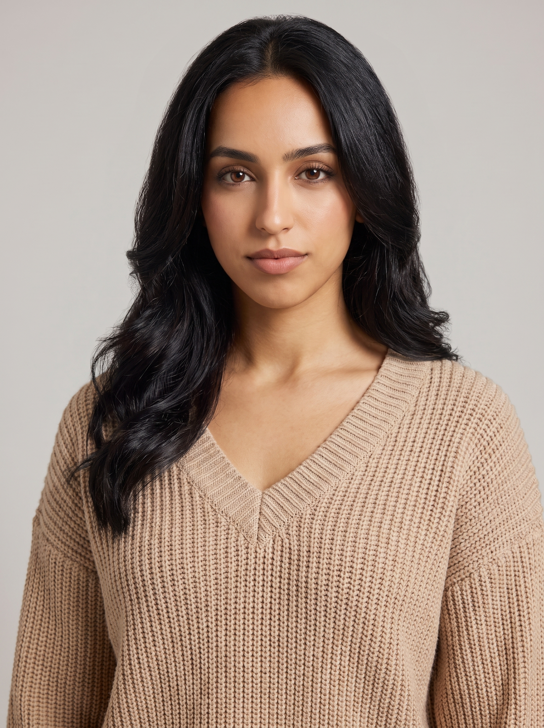 Women's ribbed knit lounge set in beige, fabric close-up