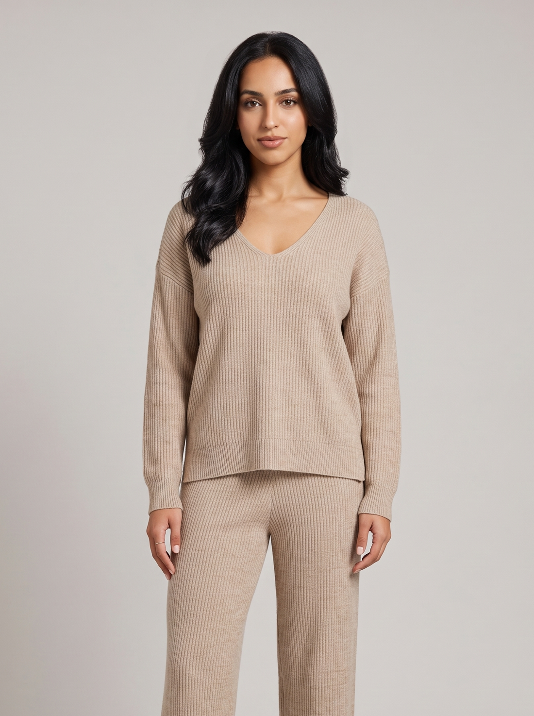 Women's ribbed knit lounge set in beige, front view