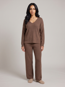 Women's ribbed knit lounge set in brown, front view