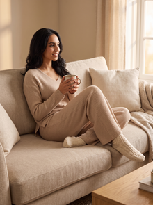 Women's ribbed knit lounge set in beige, lifestyle shot