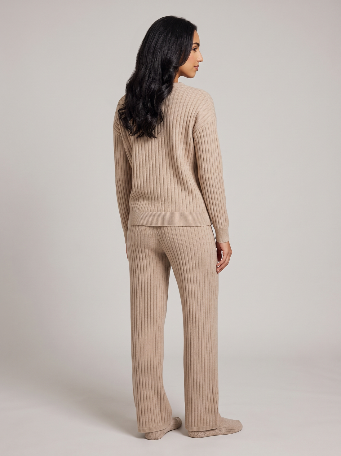 Women's ribbed knit lounge set in beige, back view