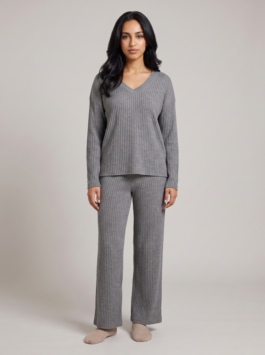 Women's ribbed knit lounge set in grey, front view