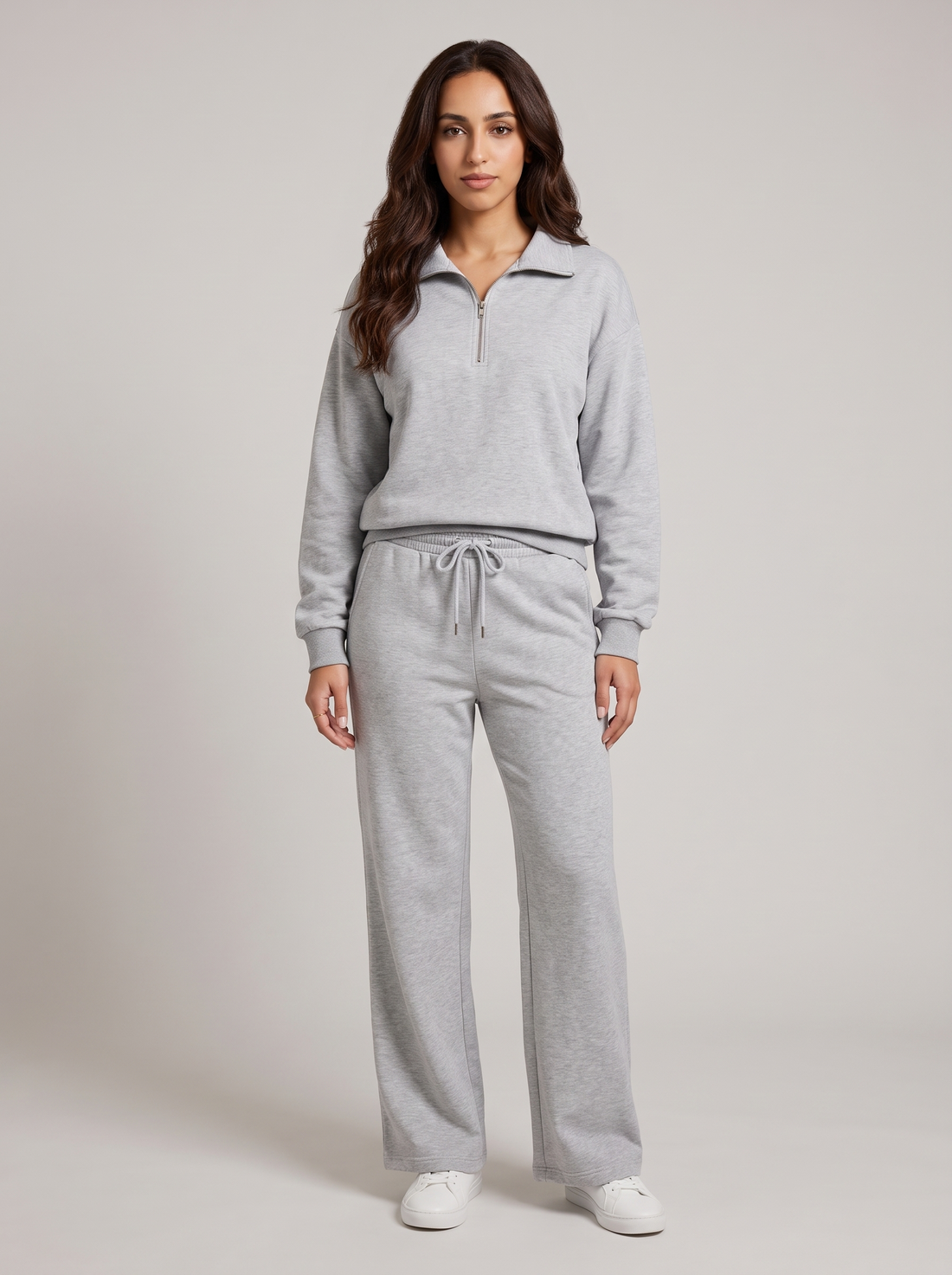 Women's half zip lounge set in light grey, front view