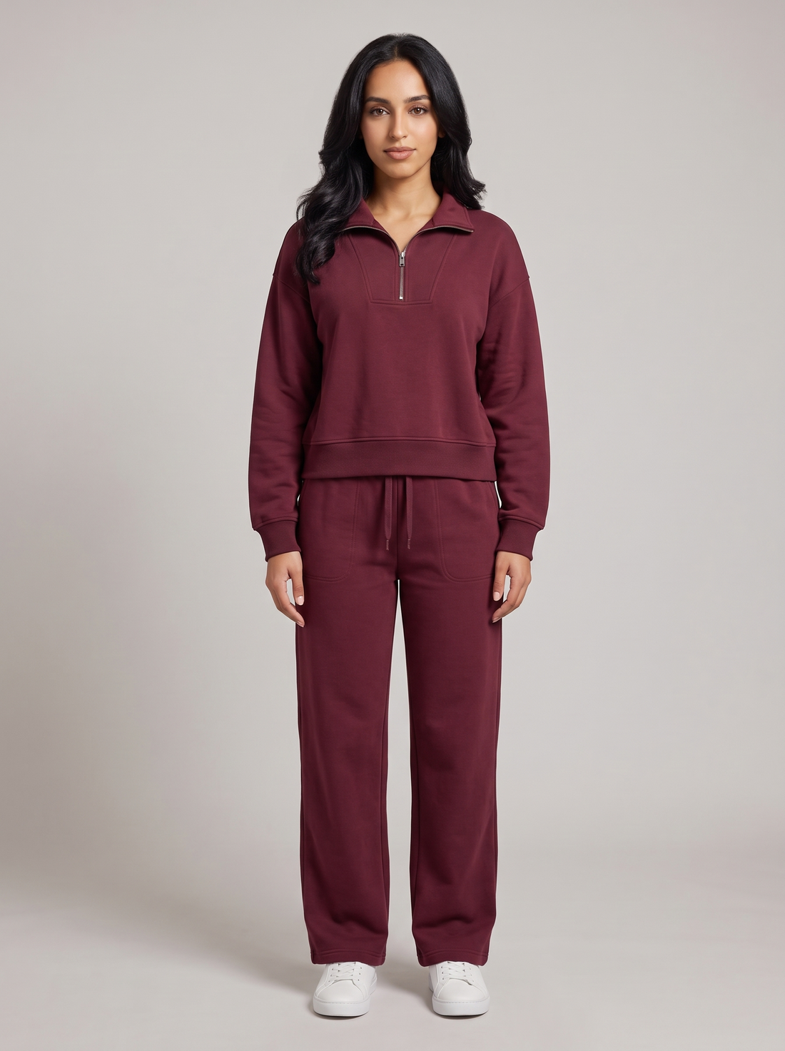 Women's half zip lounge set in burgundy, front view