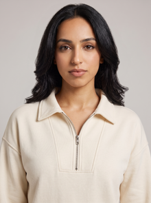 Women's half zip lounge set in cream, collar and zip close-up