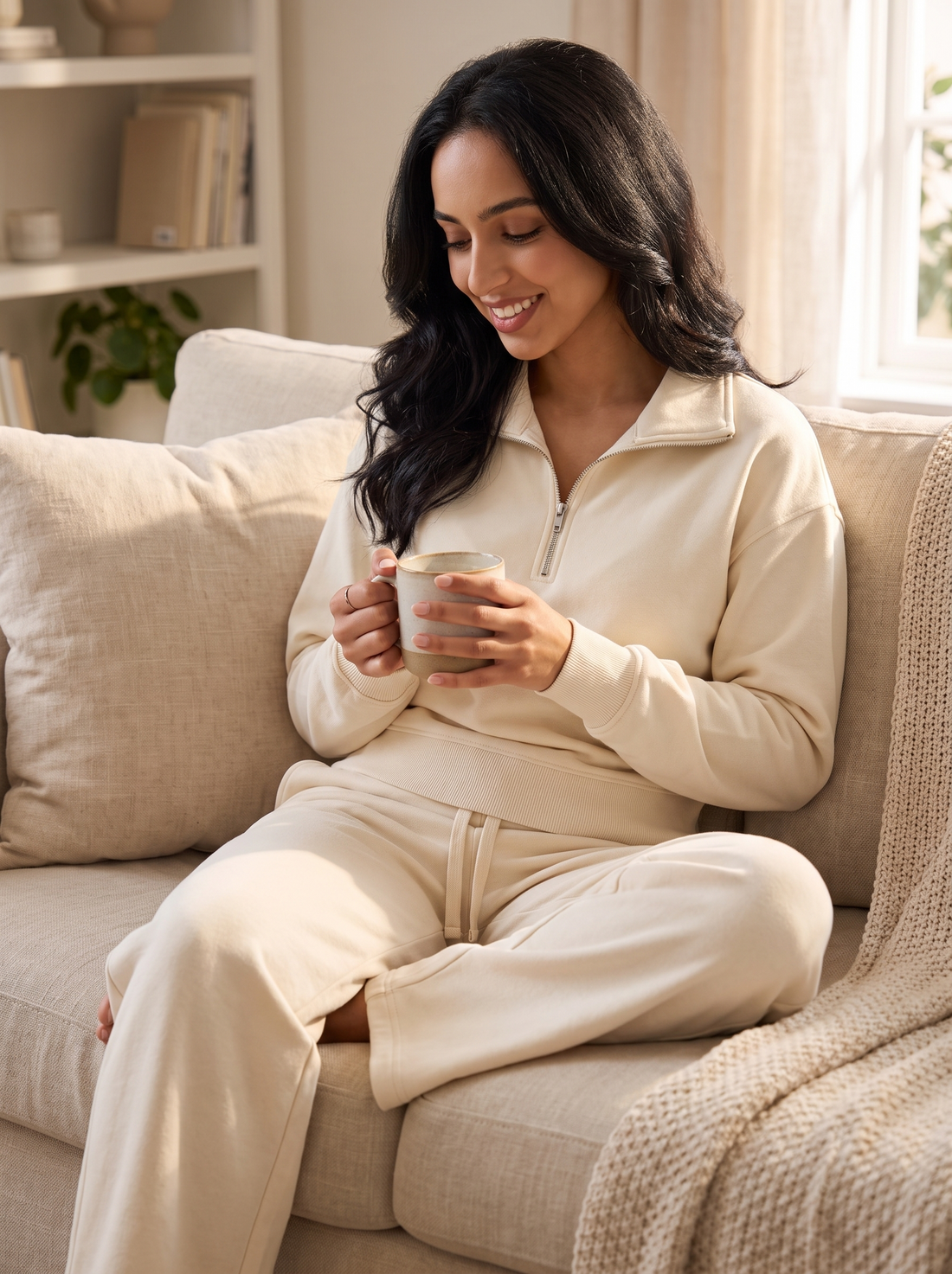 Women's half zip lounge set in cream, lifestyle shot