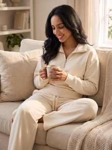 Women's half zip lounge set in cream, lifestyle shot