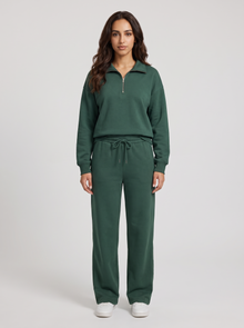 Women's half zip lounge set in dark green, front view