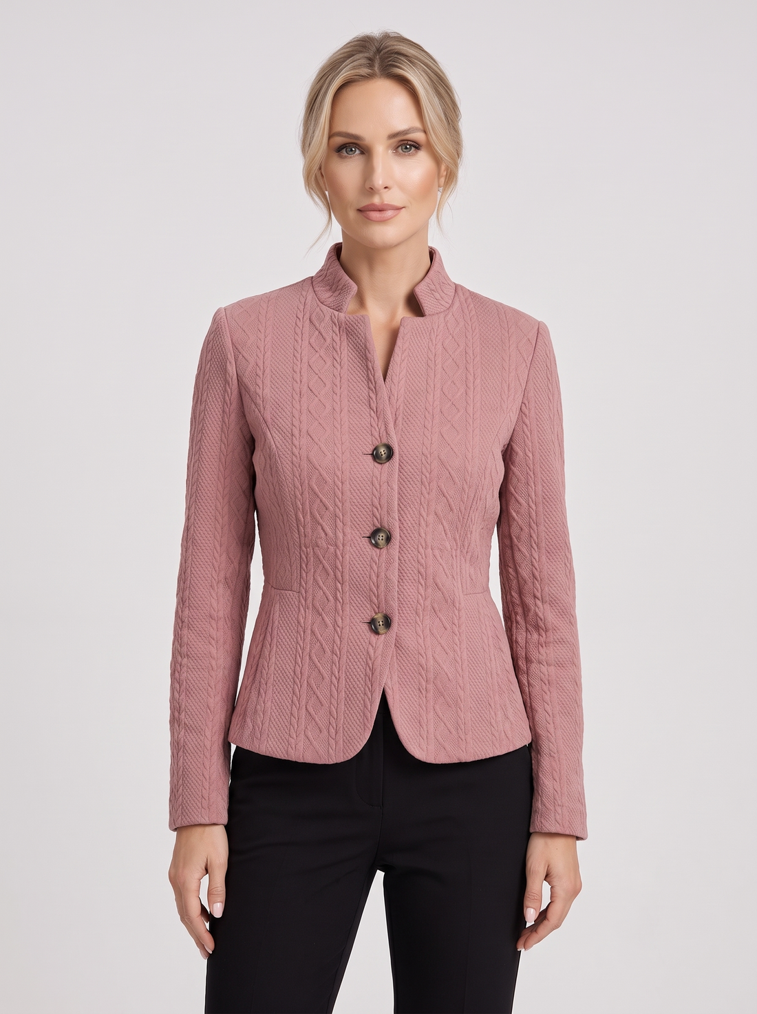 Women's textured tailored blazer in pink, front view