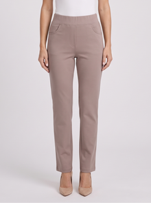 Women's stretch straight-leg trousers in taupe, front view