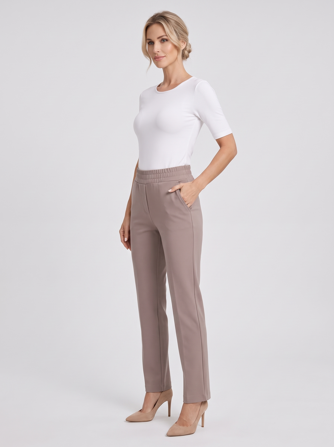 Women's stretch straight-leg trousers in taupe, front view