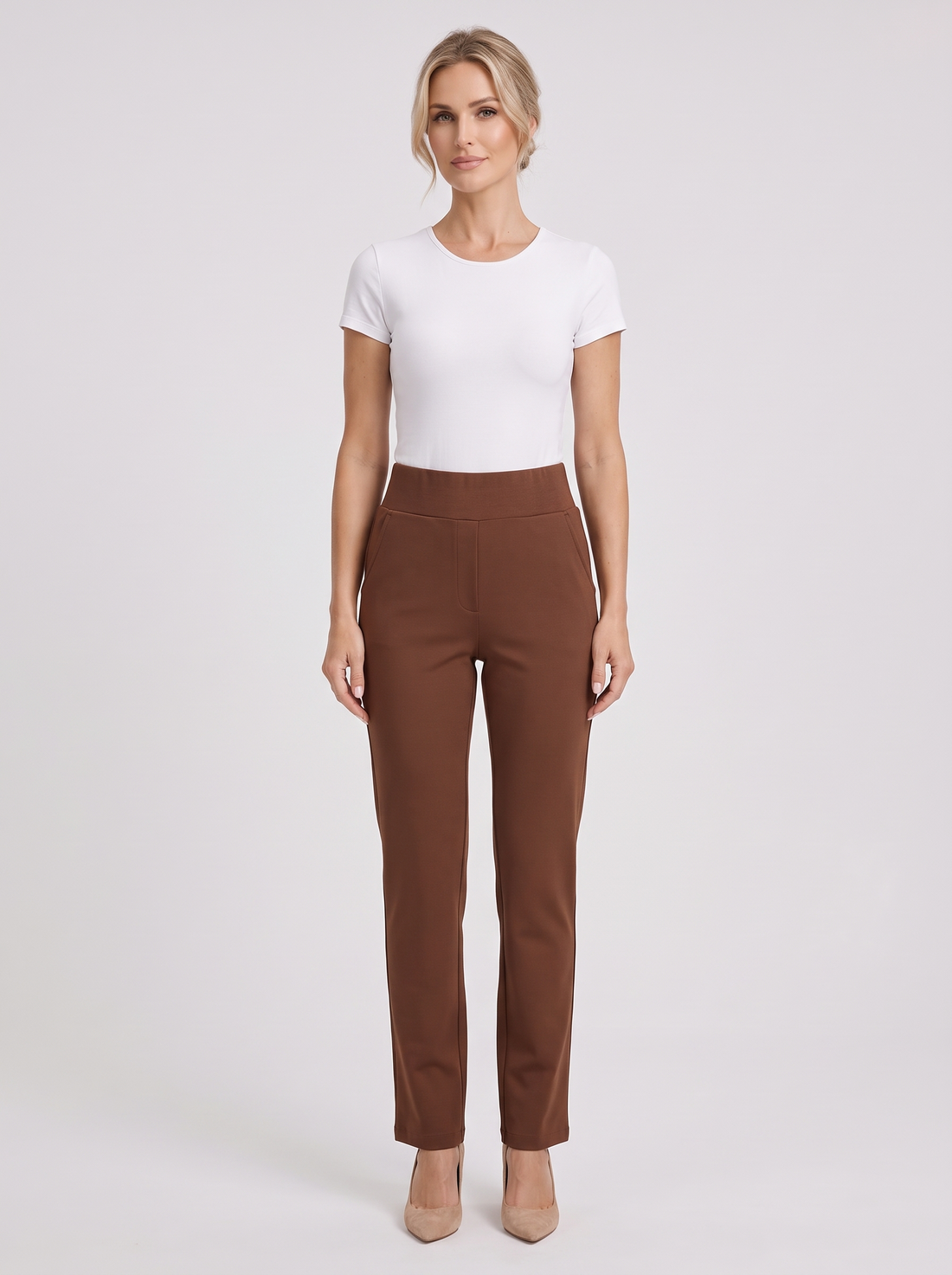 Women's stretch straight-leg trousers in brown, front view