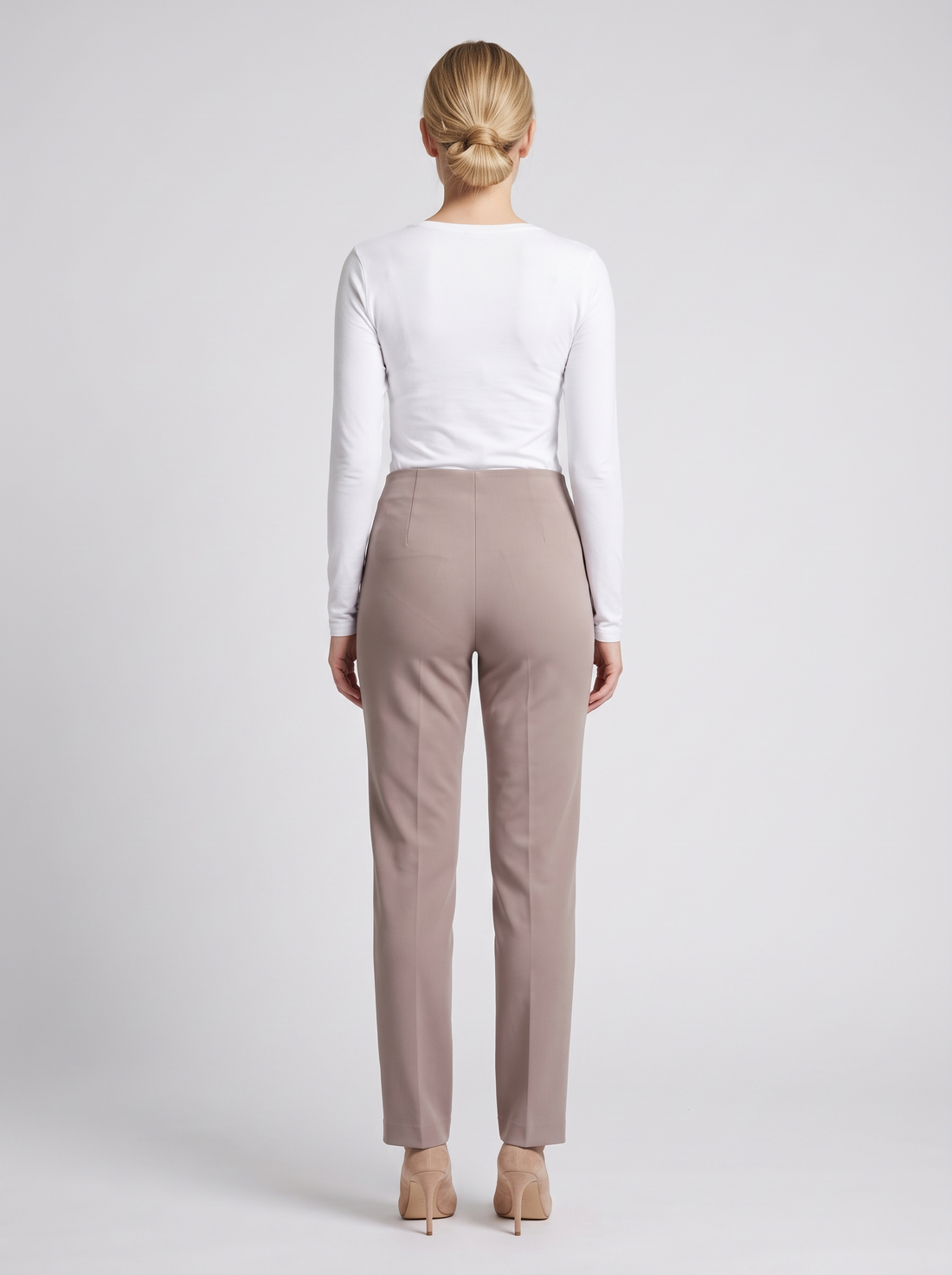 Women's stretch straight-leg trousers in taupe, back view