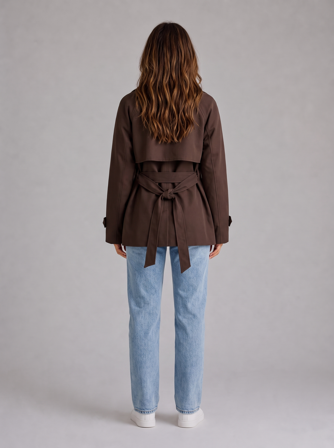 Women's cropped trench jacket in brown, back view